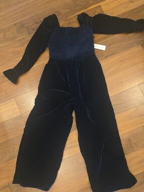 Janie and Jack Navy Velvet Smocked Jumpsuit with Puff Sleeves